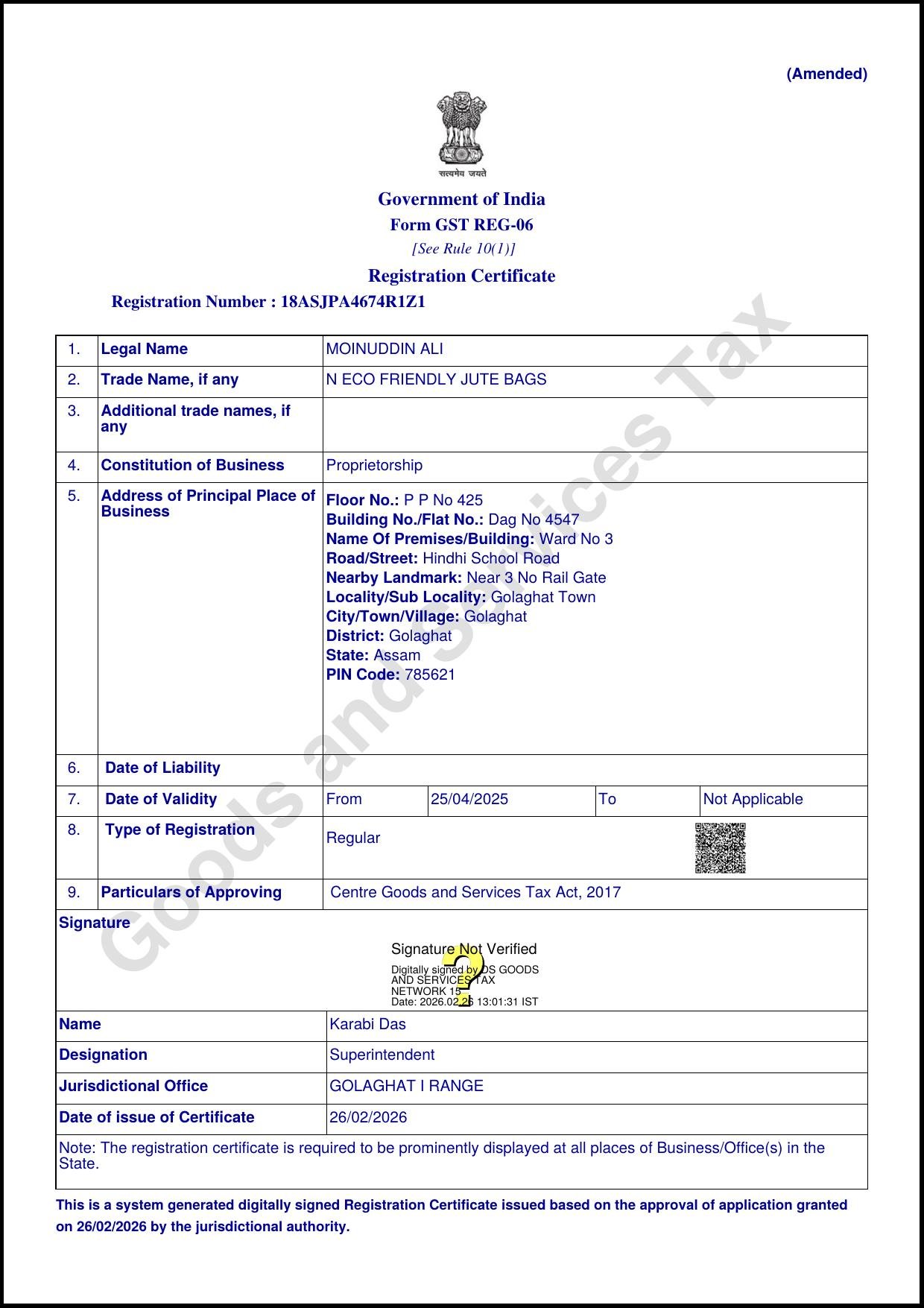 GST Registration Certificate - N Eco Friendly Jute Bags